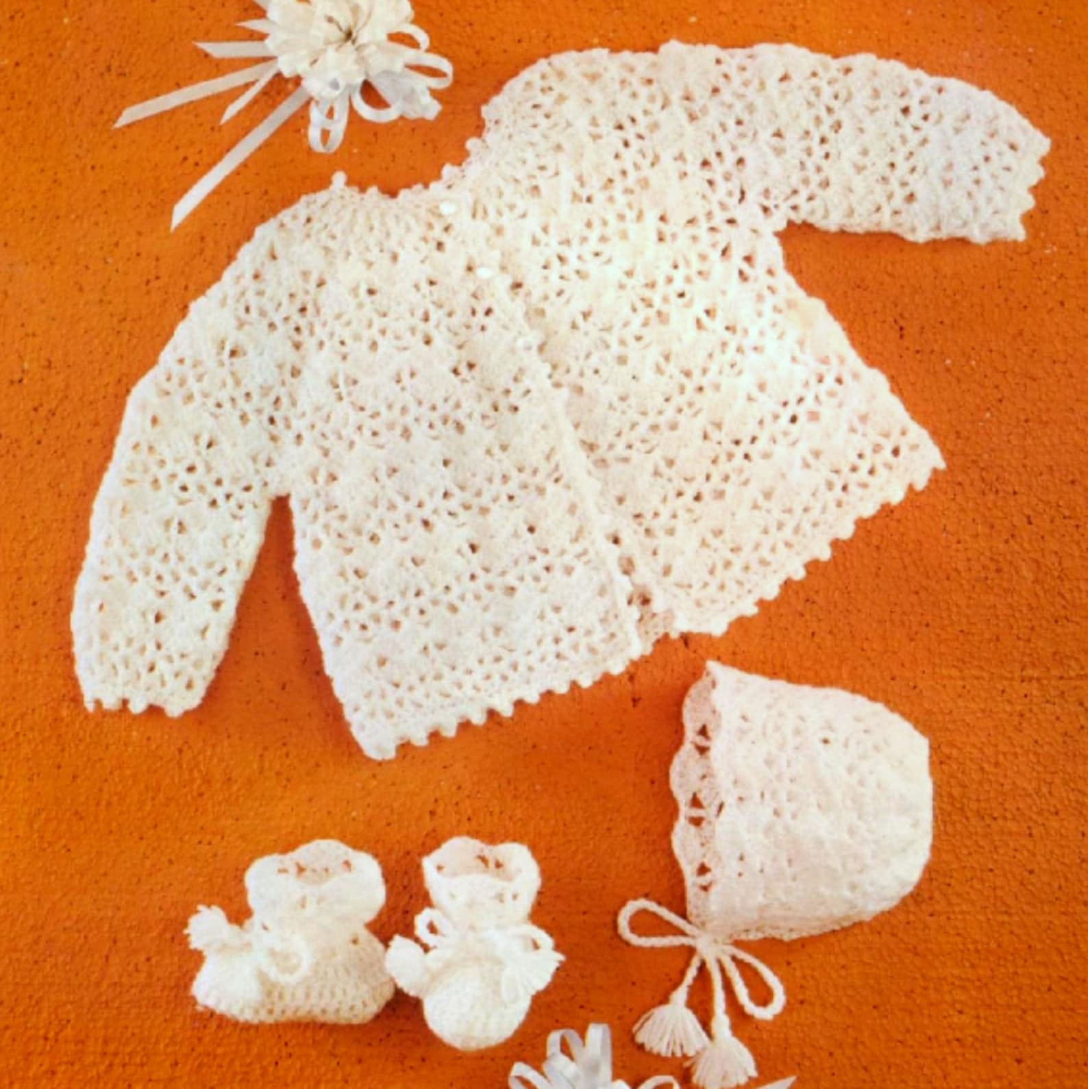 Vintage Crochet Pattern Baby Matinee Coat Booties and Angel Top