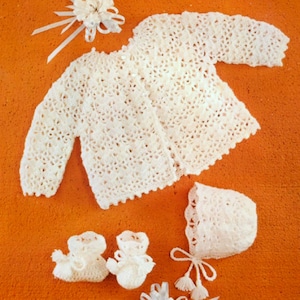 Vintage Crochet Pattern  Baby Matinee Coat Booties and Bonnet  Angel Top Pram Set   Plus over 20 extra  baby crochet patterns