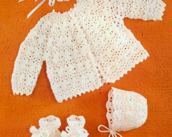 Vintage Crochet Pattern  Baby Matinee Coat Booties and Bonnet  Angel Top Pram Set   Plus over 20 extra  baby crochet patterns