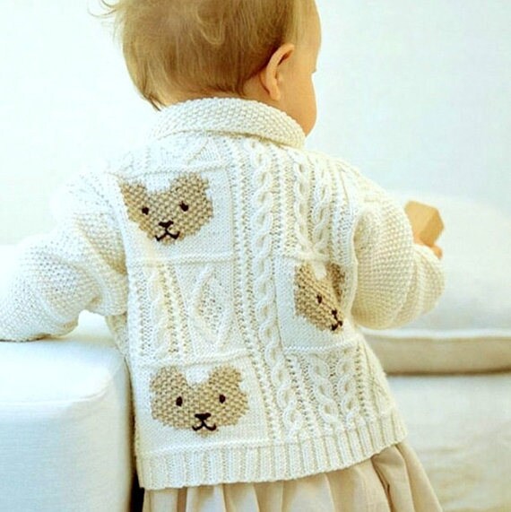 Vintage Knitting Pattern PDF Teddy Bear Cardigan for Baby Toddler Jac…