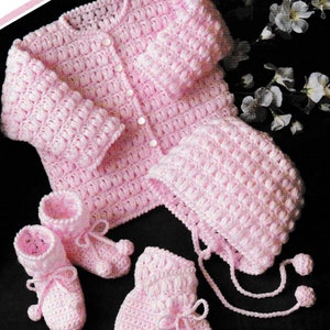 Vintage Crochet Pattern  Baby Matinee Coat Cap Bootees Mitts   Jacket Cardigan Bonnet Boots Booties Pram Set 18 to 22 Chest DK Worsted