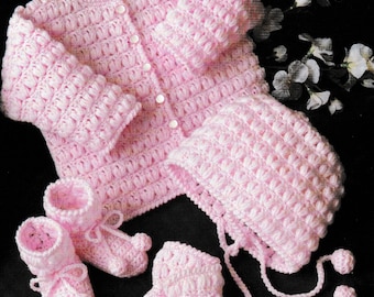RETIREMENT SALE *** Vintage Crochet Pattern  Baby Matinee Coat Cap Bootees Mitts Jacket Cardigan Bonnet Boots Booties Pram Set 18-22 Chest