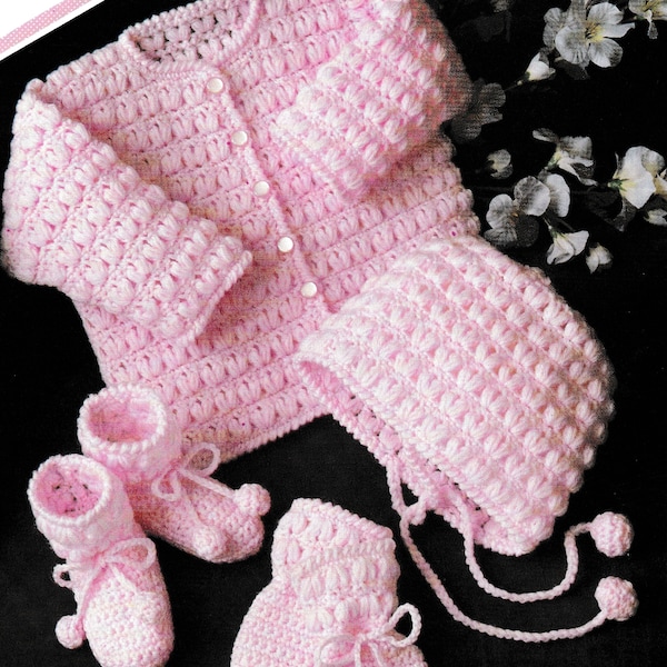 Vintage Crochet Pattern  Baby Matinee Coat Cap Bootees Mitts   Jacket Cardigan Bonnet Boots Booties Pram Set 18 to 22 Chest DK Worsted