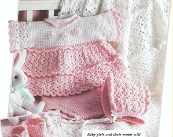 Vintage Crochet Pattern PDF  Baby Layette  Dress Bonnet Bootees Afghan  Matinee Set Shawl Pram Cot Blanket Fit 6 Months Sports Weight Yarn