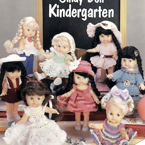 RETIREMENT SALE *** Vintage Crochet Pattern PDF Cindy Doll Kindergarten  6 inch craft doll  8 Outfits Dolls Clothes Dress Bonnet Hat Pants