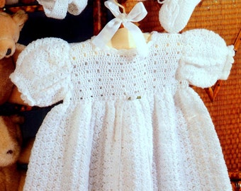 Vintage Crochet Pattern Matinee Set Baby Dress Bonnet Hat and Bootees Christening Baptism Booties Shoes