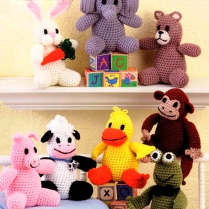SALE *** Vintage Crochet Pattern Toys Eight Animals Elephant Rabbit Monkey Frog Duck Cow Pig Bear Soft Toy Retro