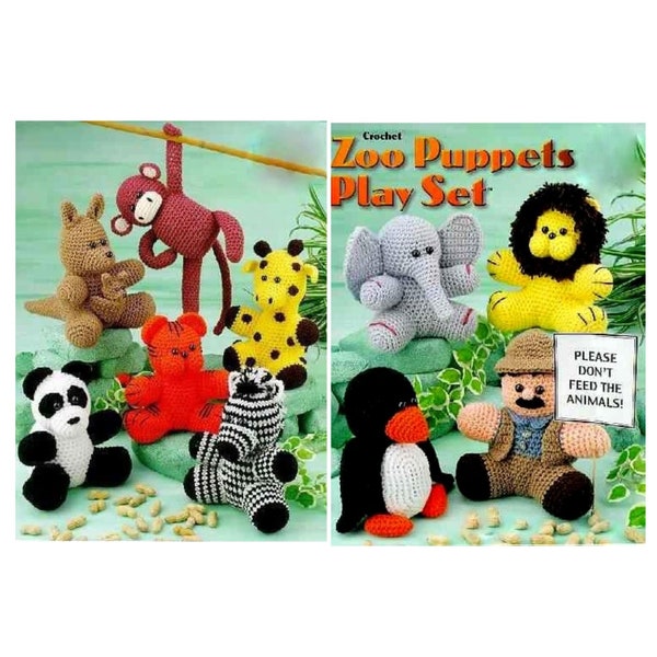 SALE *** Vintage Crochet Pattern Zoo Puppets Toys Glove Puppet Toy Zoo Keeper   Elephant Penguin Monkey Panda Giraffe Kangaroo
