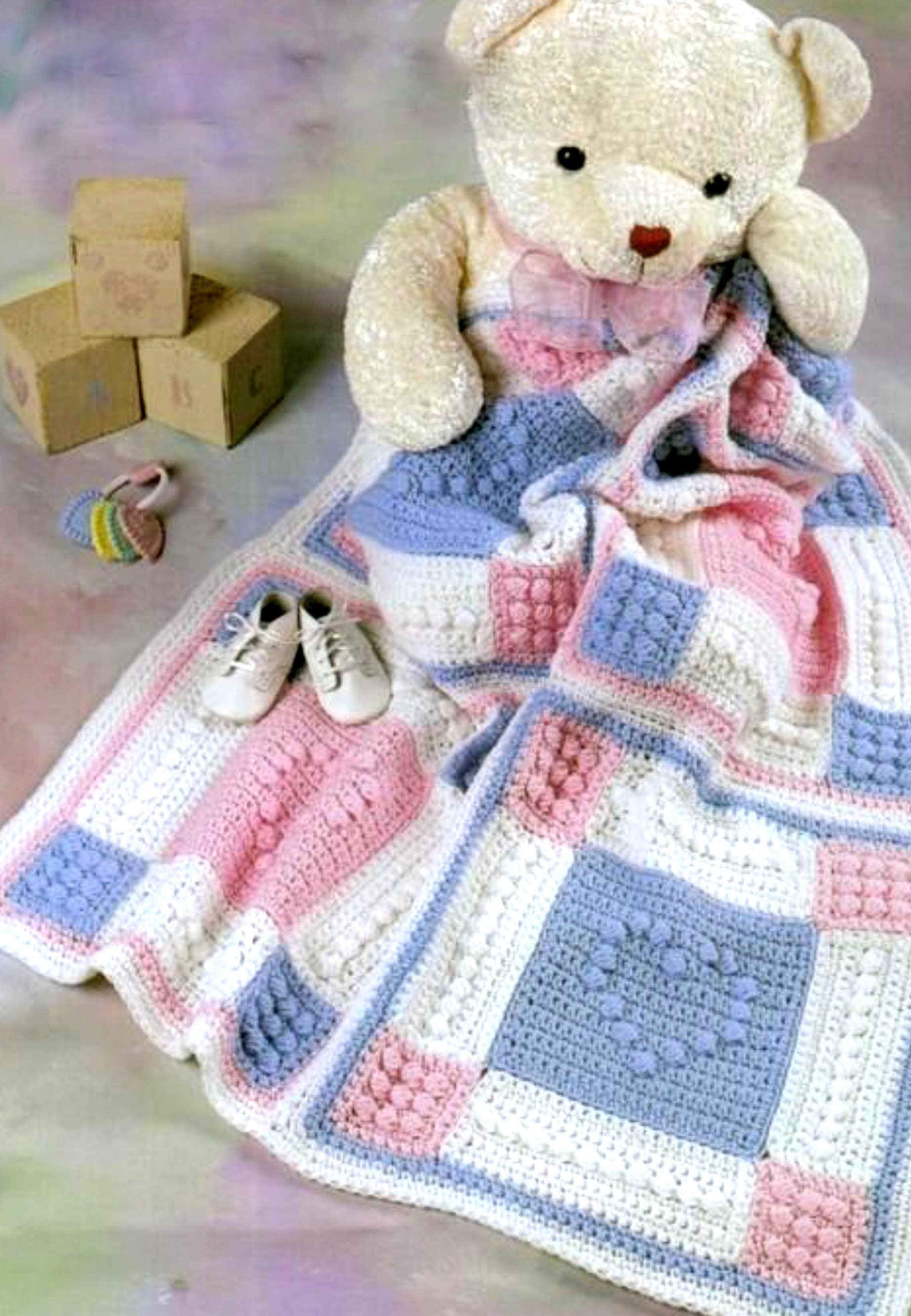 SALE *** Vintage Crochet Pattern  Heart Motif Baby Afghan  Pram Cover Cot Blanket Crib Cover    Christening Baby Shower Baptism