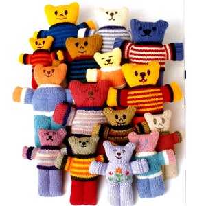 May include: A group of knitted teddy bears in various colors and patterns. The bears are all different sizes and have different facial expressions.