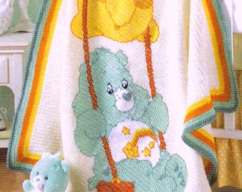 SALE *** Vintage Crochet and Cross Stitch Pattern  Care Bears Afghan    Blanket Bedspread Throw   Six Designs