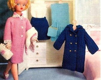 SALE *** Vintage Knitting Pattern PDF  Teenage Fashion Doll  Outfit  Barbie Sindy Dress Coat Bag 1960s