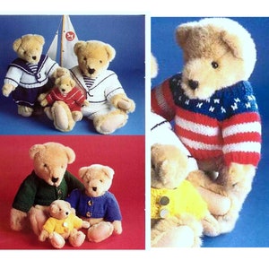 May include: Several teddy bears dressed in knitted outfits. One bear wears a sailor outfit with a white top and navy blue skirt. Another bear wears a sweater with red and white stripes and blue stars. Other bears wear green, blue, and yellow sweaters.