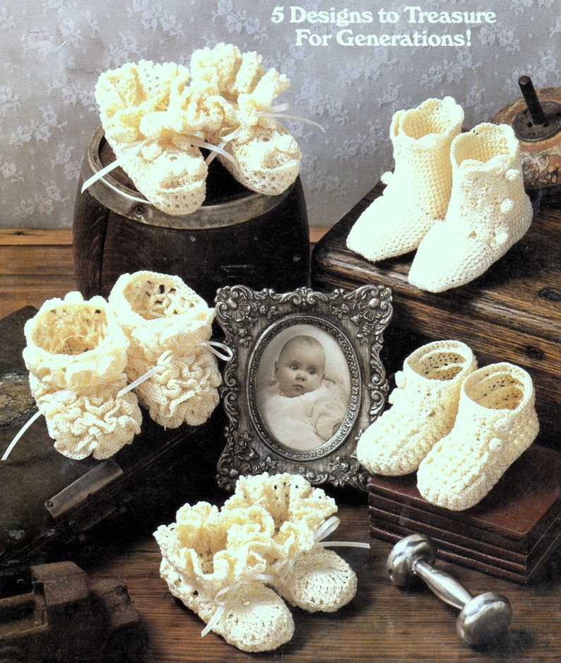 Vintage Crochet Pattern PDF Baby Booties 5 Designs Lace Christening Baptism Shoes Boots Victorian Button Ruffles Rosebud Heirloom image 1