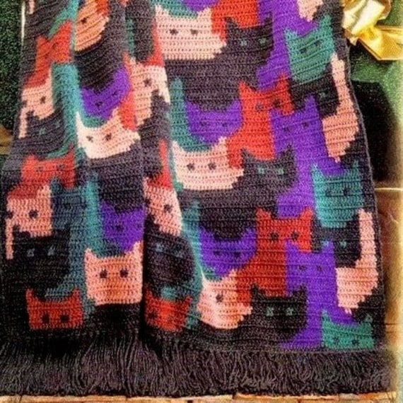 Vintage Crochet Pattern PDF Cats Afghan Throw Bed Cover