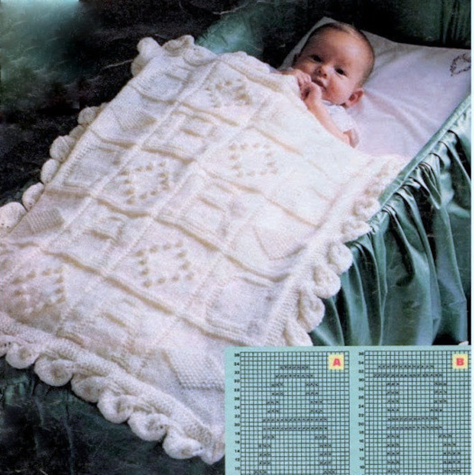 Vintage Knitting Pattern PDF ABC Baby Pram Cover Cot Blanket