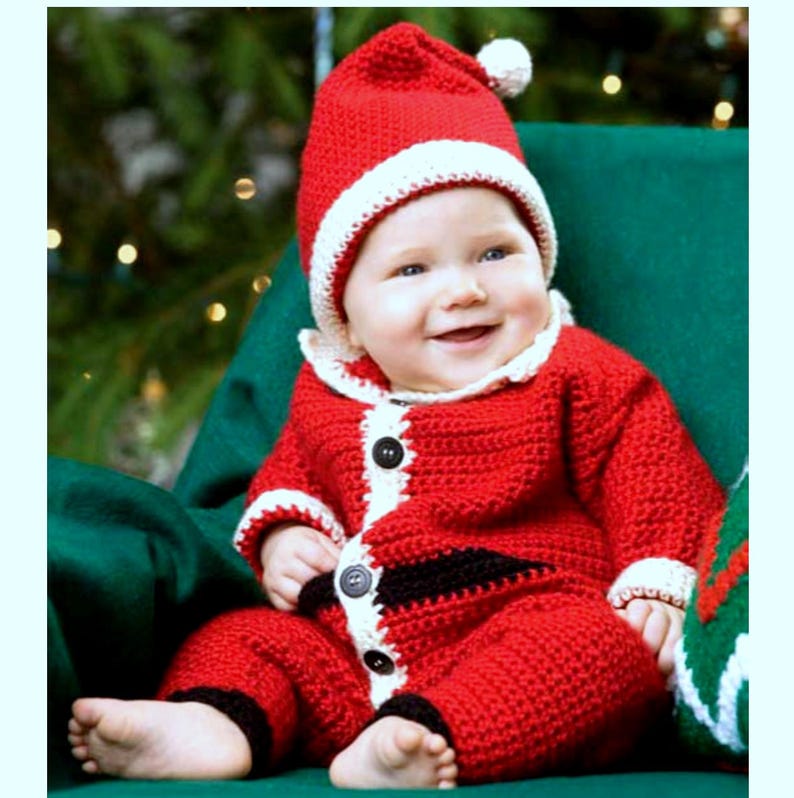 Vintage Crochet Pattern Baby Santa Suit All in One and Hat Birth to 12 Months Father Christmas Fancy Dress Photo Prop image 1