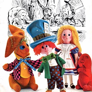 Vintage Sewing Pattern Alice in Wonderland Mad Hatters Tea Party Doll and Soft Toys and Clothes  White Rabbit March Hare Dormouse Plush