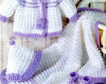 RETIREMENT SALE *** Vintage Crochet Pattern 4 Baby Layettes Matinee Jacket Bonnet Bootees and Blanket  Baby Coat Afghan Pram Set