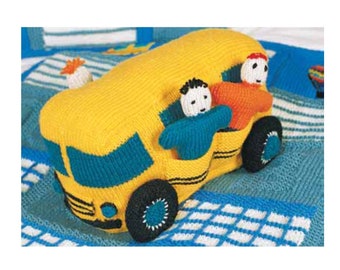 Vintage Retro Knitting Pattern PDF   School Bus and Dolls  Soft Toy Plush Stuffed Toy Christmas Birthday DK Worsted