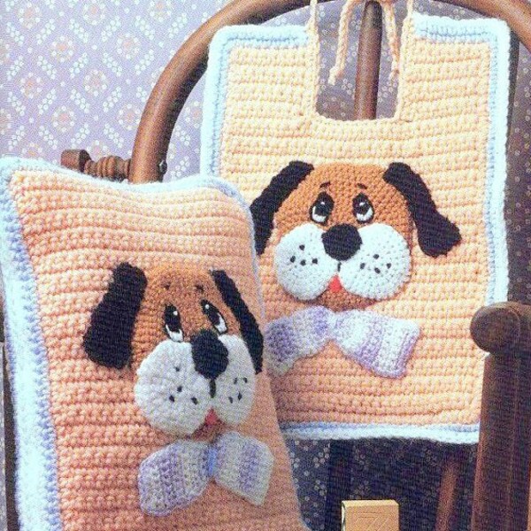 Vintage Crochet Pattern PDF Baby Bib and Pillow Cushion Puppy Dog Motif