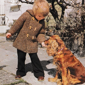 May include: A young child wearing a brown knitted hooded jacket with wooden buttons is feeding a brown and white cocker spaniel dog.