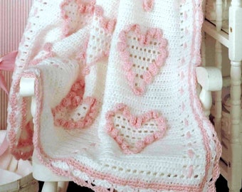 SALE *** Vintage Crochet Pattern  Baby Afghan Sweetheart Ruffled Hearts  Pram Cover Cot Blanket   Christening Baby Shower Baptism