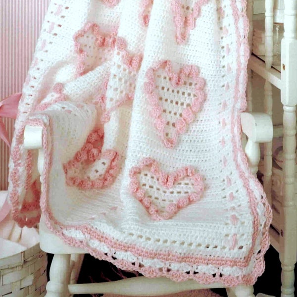 Vintage Crochet Pattern PDF  Baby Afghan Sweetheart  Ruffled Hearts    Pram Cover Cot Blanket   Christening Baby Shower Baptism