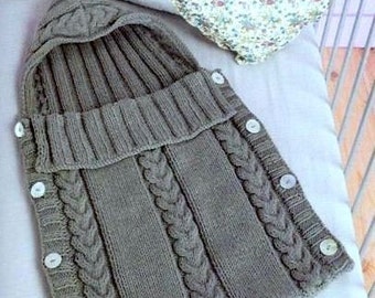 Vintage Knitting Pattern Baby Sleeping Bag Buttoned Hooded Cocoon Sleep Sack Papoose Aran Cable Newborn Baby Shower Christening  Gift  PDF