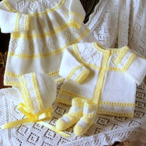 Vintage Knitting Pattern Layette Matinee Baby Set  Cardigan Jacket Dress Bonnet, Booties Blanket or Shawl  Christening PDF