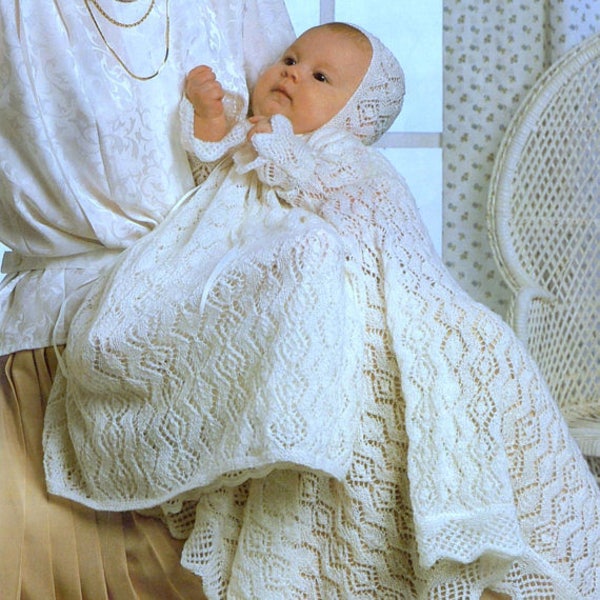 Vintage Knitting Pattern PDF  Baby Christening Dress  Bonnet and Shawl Baptism Gown Robe