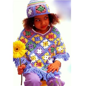 RETIREMENT SALE *** Vintage Crochet Pattern PDF  Girls Granny Squares Poncho and Hat  Plus Nine More Patterns Hat Bag Vest Purse  Age 4 - 12