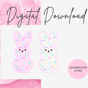 Puede incluir: Dos malvaviscos en forma de conejo rosa con chispas de colores. El texto "Descarga digital" y "SVG y PNG en capas" también se incluye en la imagen.