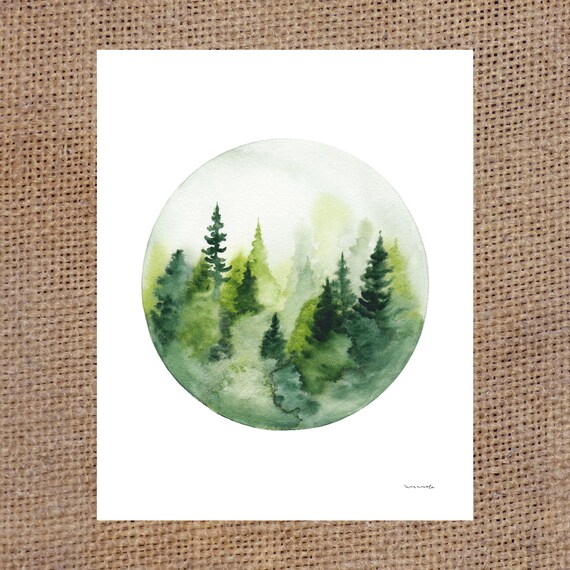 Green Tree Circle Scene Watercolor Print | Etsy