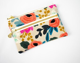 Double Zip Floral Coin Purse, Cute Boho Floral Wallet, Small Card Holder, Canvas Wallet