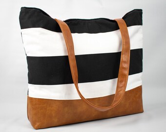 Black and White Stripe Diaper Bag, Large Canvas Tote, Faux Leather Purse, Overnight Bag, Gift for Her, Modern Diaper Bag