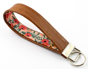 Vegan Keychain, Boho Keychain, Faux Leather Keychain, Floral Print, Key Holder, Wrist Strap