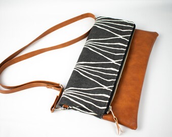 Large Fold Over Clutch, Boho Crossbody Bag, Foldover Bag, Geometric Purse, Dark Gray Faux Leather Bag