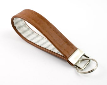 Faux Leather Gray Ticking Striped Keychain