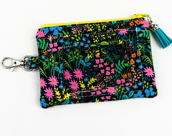 Floral ID Wallet, Bright Floral Mini Wallet, Cute Coin Purse, Student ID Holder Gift, Floral Lanyard Keychain