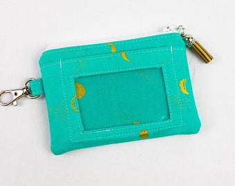 Moon ID Wallet, Small Keychain Wallet, Gold ID Holder, Moon Gift, Moon Coin Pouch, Blue Coin Purse