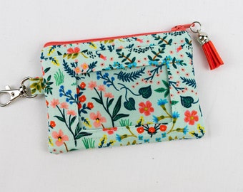 Blue Floral Lanyard Wallet, Small Keychain Wallet, Mini Wallet, Coin Purse ID, Aqua and Coral