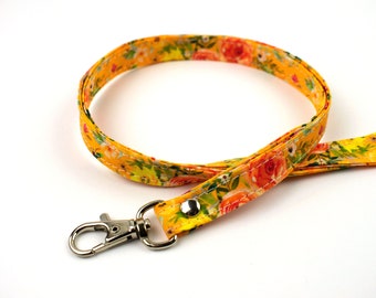 Yellow Floral ID Lanyard, Autumn Fabric Lanyard, Skinny Floral Lanyard, Floral ID Holder