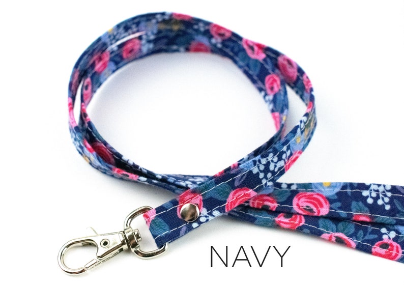 Floral Lanyard, Girly Lanyard, Cute ID Holder, Stocking Stuffer, Girl Lanyard, Boho Gift, Floral Fabric Navy