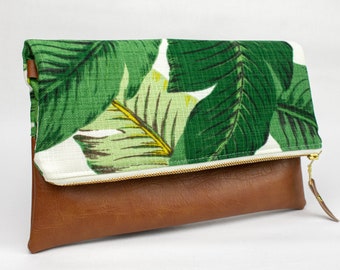 Palm Leaf Clutch, Foldover Wristlet, Tropical Fold Over Clutch, Small Purse, Bridesmaid Bag