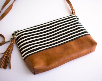 Faux Leather Bag, Minimalist Bag, Small Crossbody Purse, Hipster Bag, Striped Purse, Black and White