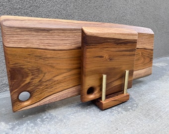 Teak Serving Board Set (Large & Small) with matching Teak/Brass Stand