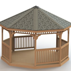 Könnte beinhalten: Ein achteckiger Holzpavillon mit einem grauen Schindeldach und einem Holzgeländer. Der Pavillon hat einen Holzboden und ist von einem weißen Hintergrund umgeben.