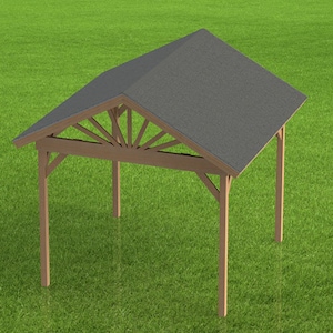 Könnte beinhalten: Ein Holzpavillon mit einem grauen Schindeldach. Der Pavillon hat eine rechteckige Form mit vier Stützpfosten und einem dekorativen fächerförmigen Design am Dachfirst. Die Struktur befindet sich vor einem grünen, grasbewachsenen Hintergrund.