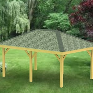 May include: A wooden gazebo with a gray shingled roof. The gazebo has four posts and a rectangular shape.